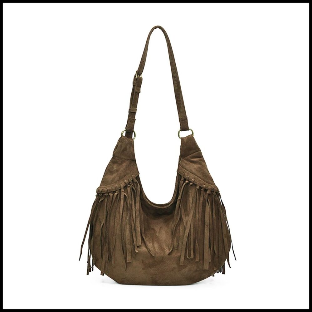 Brown Suede Hobo Purse Vintage Y2K Crossbody Shoulder Bag Fringe Tote - Picture 1 of 7